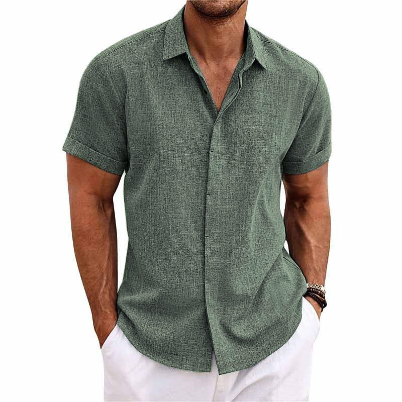 Men's light beige linen-cotton blend casual shirt, regular fit, short sleeve, breathable button-up