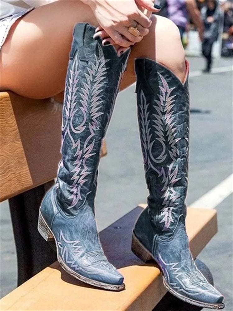 Women's vintage western knee-high boots brown artificial leather embroidered low heel rubber sole