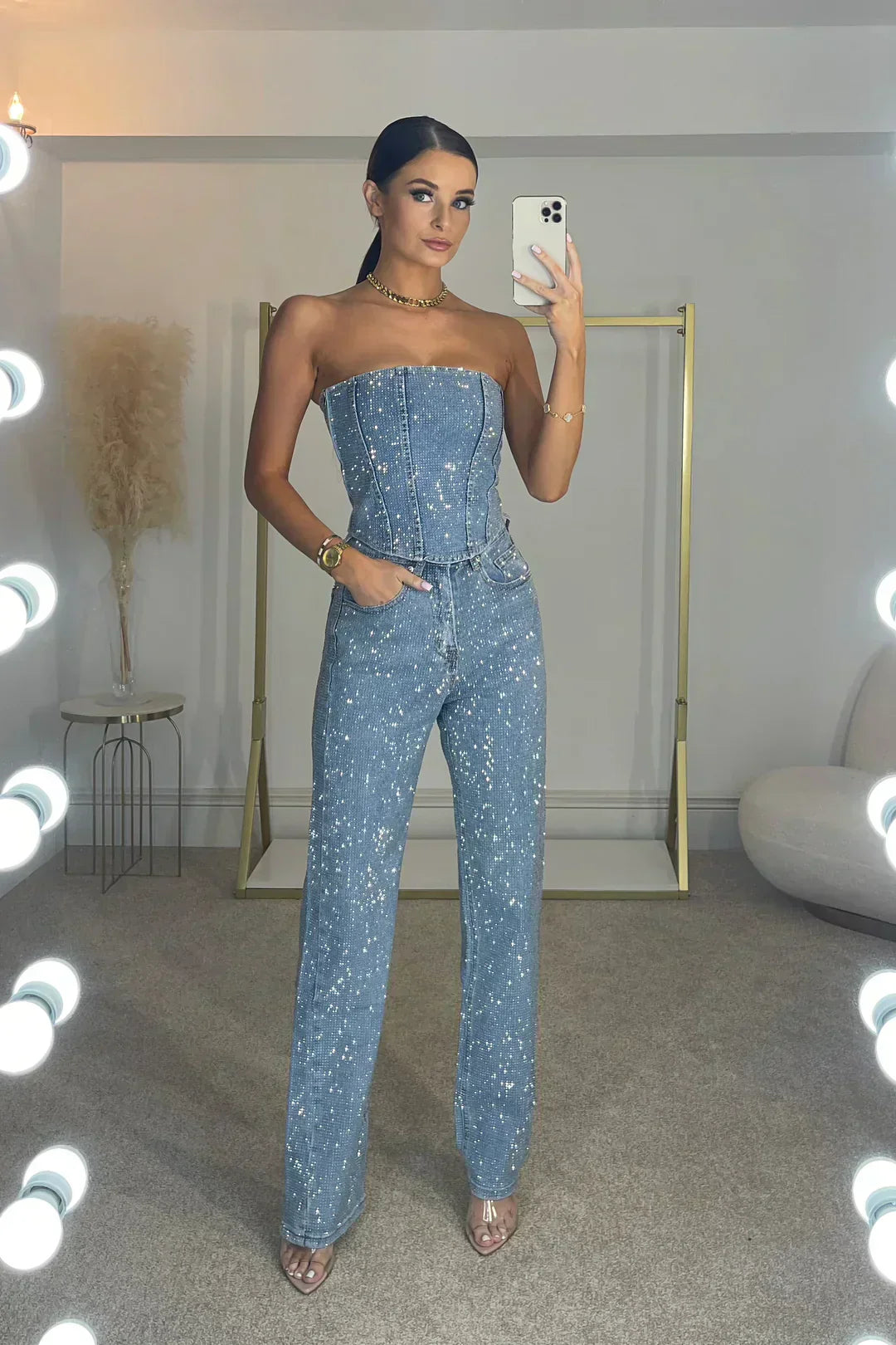 Strapless black jumpsuit women elegant formal one-piece sparkle glamorous party silhouette