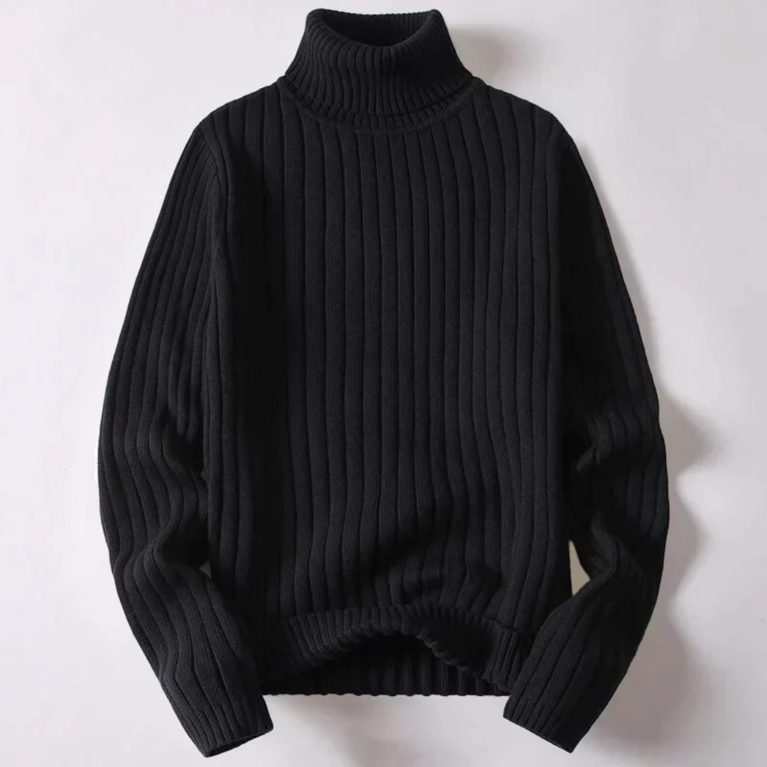 Men's dark navy ribbed knit turtleneck sweater structured slim fit breathable comfort layer
