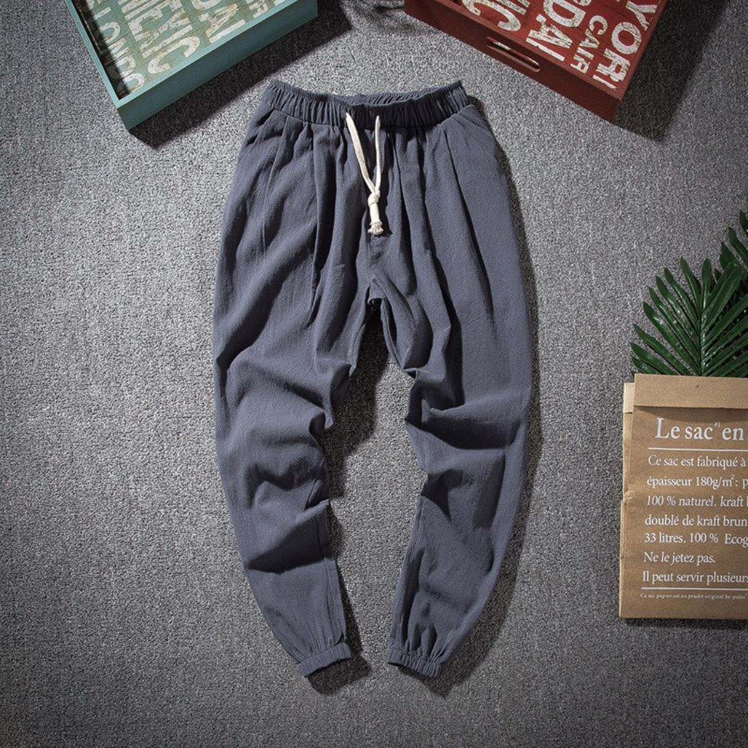 Men's beige linen joggers relaxed tailored fit lightweight breathable classic casual style