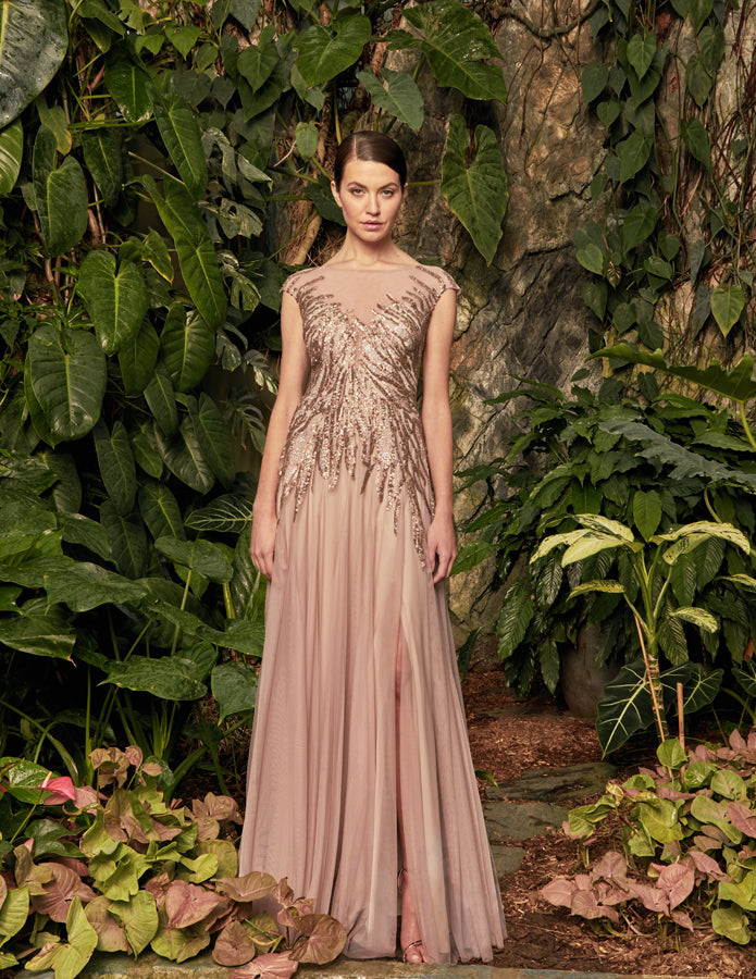 Alexander by Daymor metallic beaded full-length evening gown with cap sleeves and bateau neckline