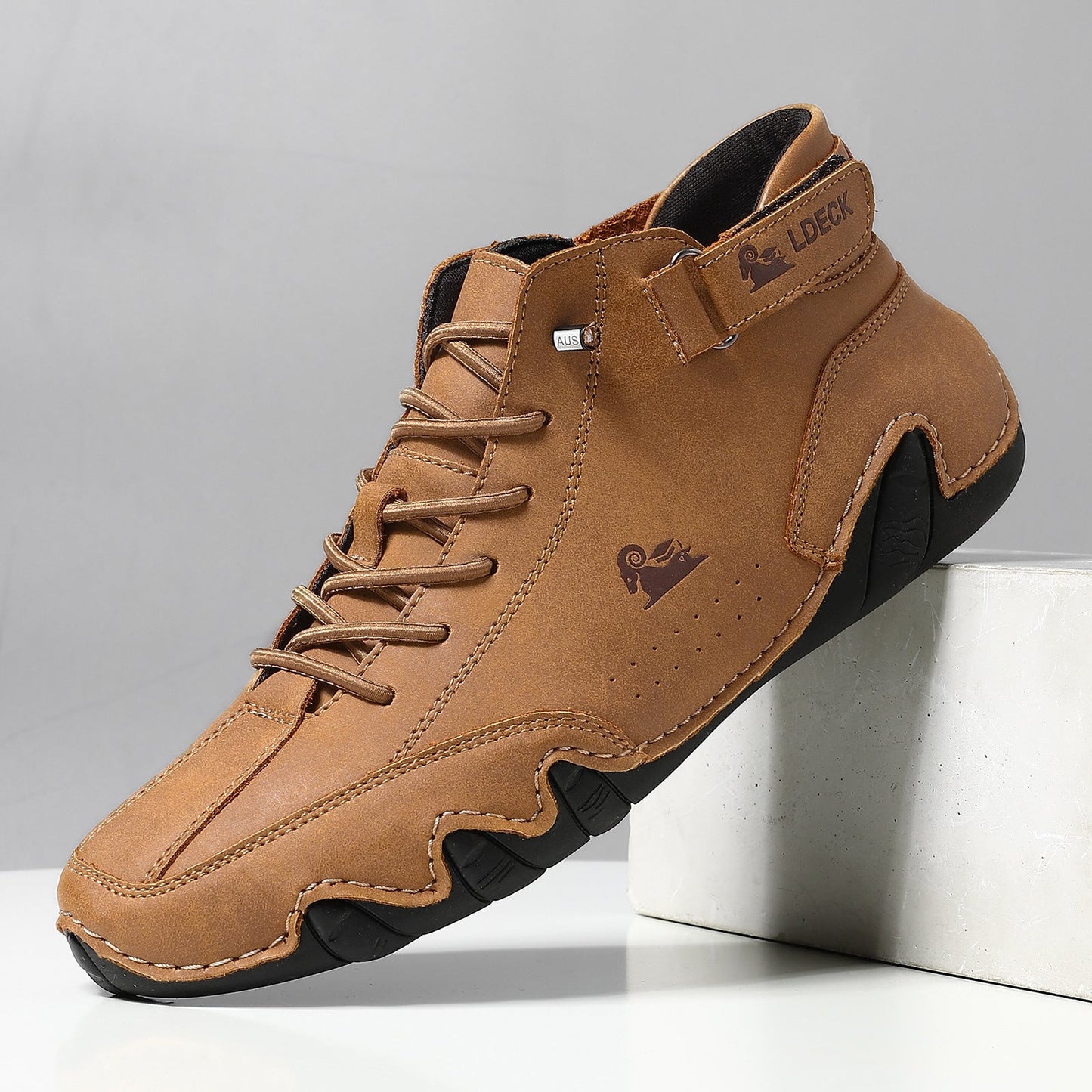 Men's high top premium leather sneakers in white lace-up velcro dual closure urban style