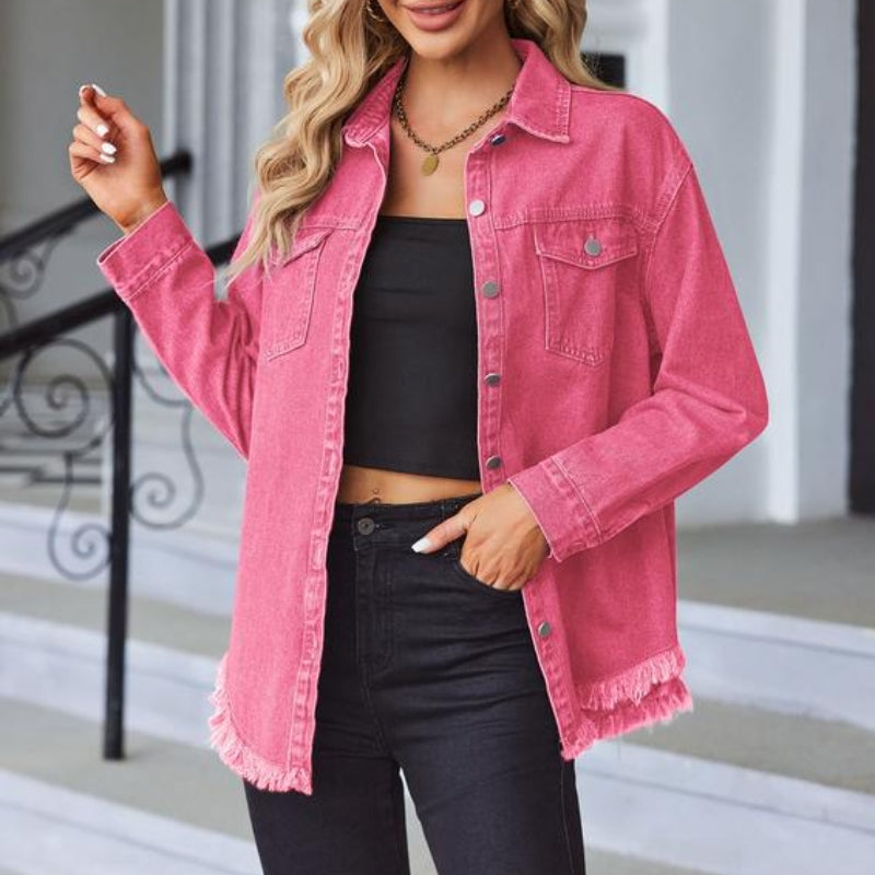 Women's oversized soft denim jacket with raw fringe trim and snap front closure in classic blue