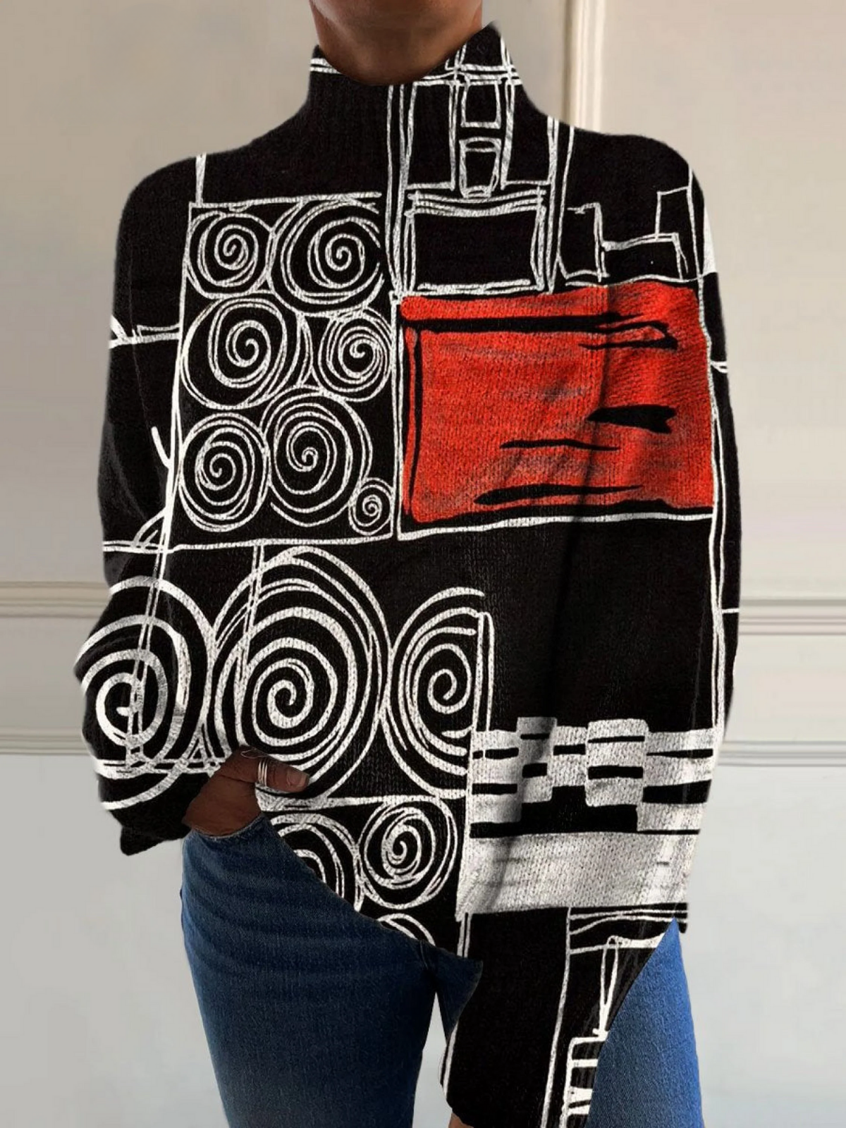 Multicolor abstract print sweater relaxed fit with geometric swirl motifs and bold red accents