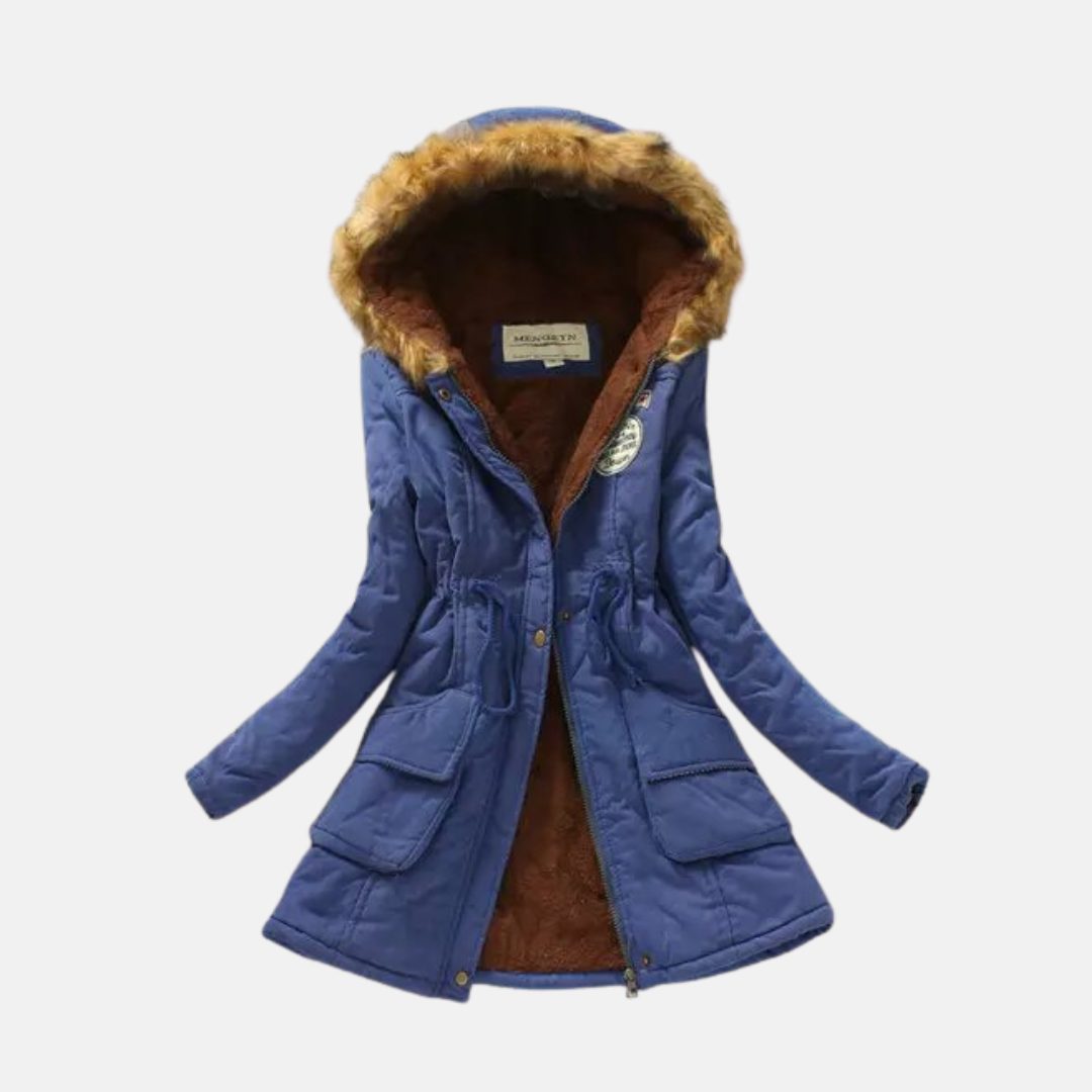 Women's olive green parka coat with cozy sherpa lining, faux fur hood, and relaxed winter fit
