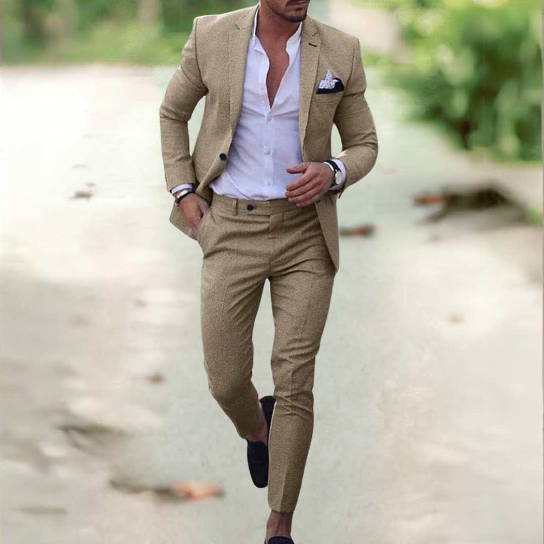 Men's slim fit two-piece suit charcoal tailored silhouette with notch lapel formal wear