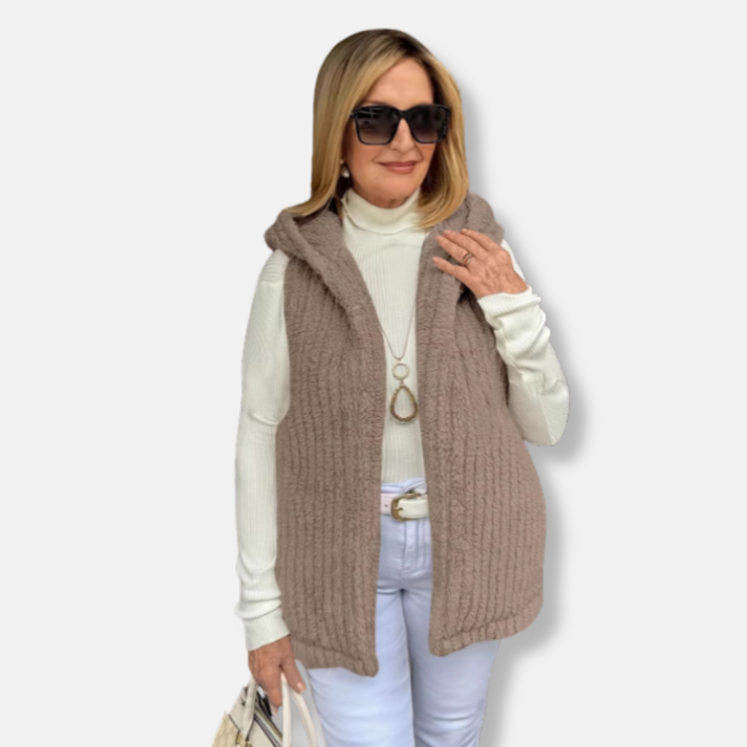 Women's fleece hooded vest relaxed fit hip-length ribbed texture cozy layering piece