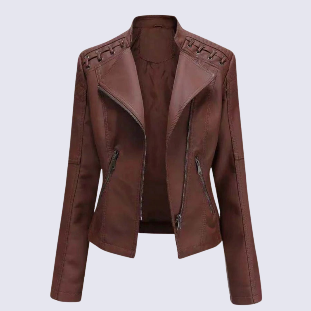 Lena women's black faux leather jacket regular fit PU material sleek timeless silhouette