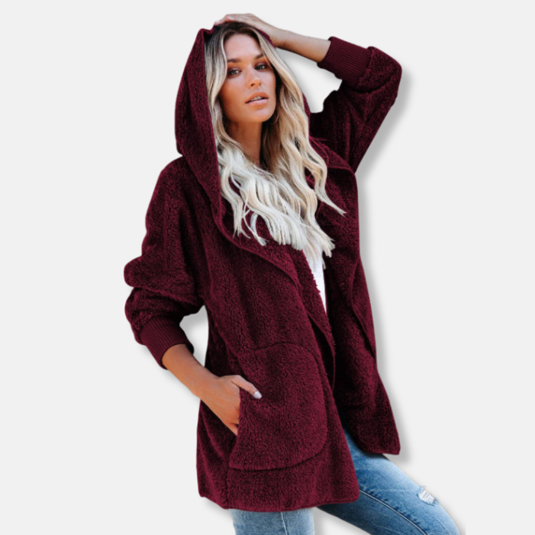 Women's oversized sherpa fleece hooded cardigan open front cozy fit with pockets ultra soft