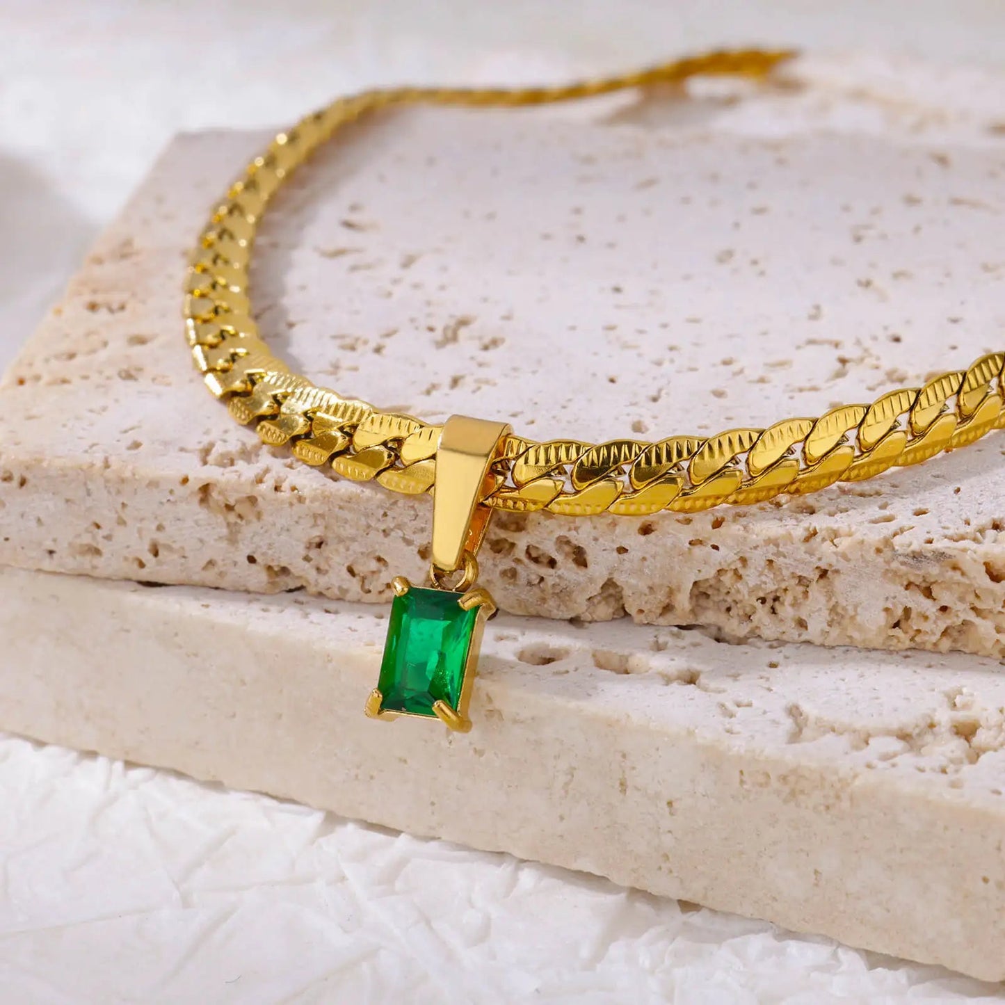 Women's emerald-cut zircon necklace set with adjustable herringbone chain high-shine stainless steel finish