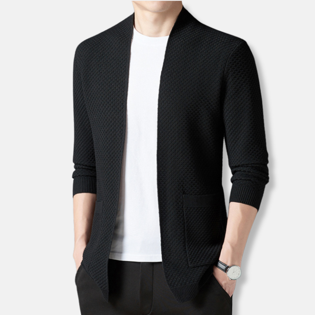 Men's open-front waffle knit cardigan relaxed fit hip-length layering piece in neutral tone