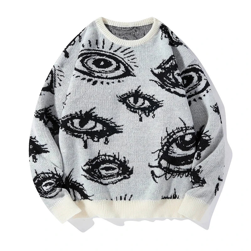 Oversized cream knit sweater with all-over distorted eye jacquard motif brutalist streetwear style