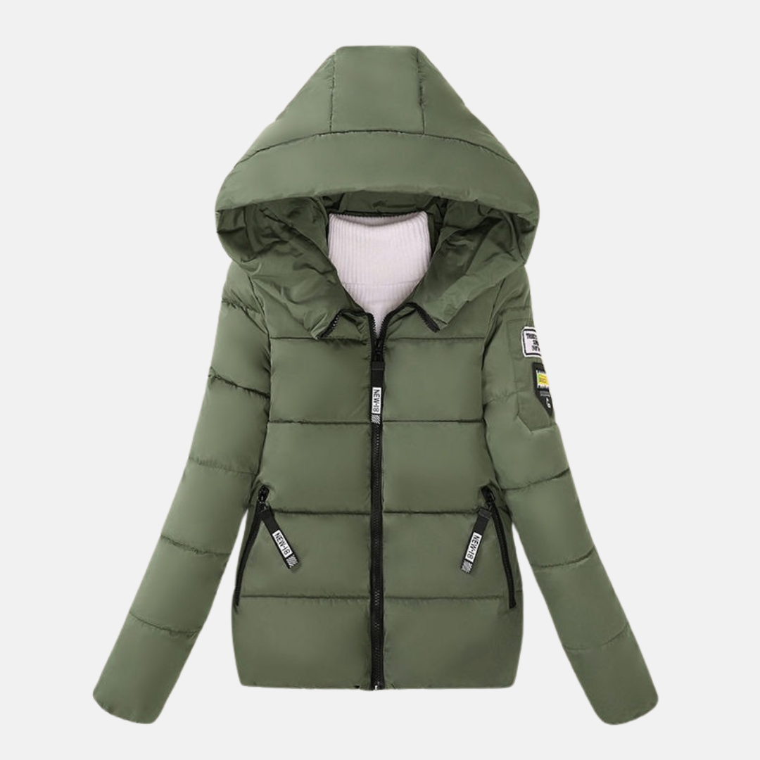 Women's quilted padded hooded coat relaxed fit cozy insulated warmth neutral tone