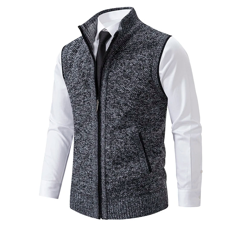 Men's gray wool full-zip vest with plaid lining, lightweight smart-casual layering piece