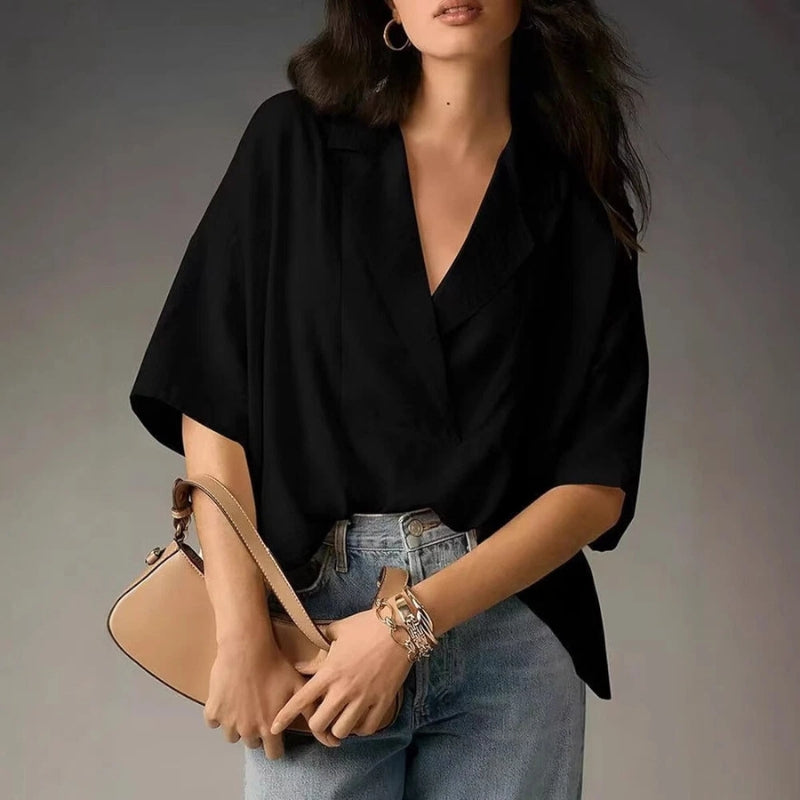 Women's white lightweight summer blouse relaxed fit with clean front overlap detail