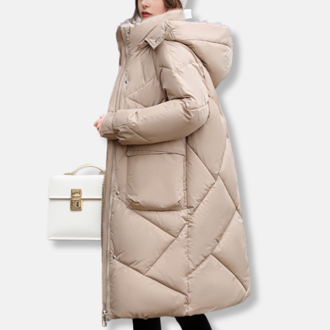 Women's black quilted maxi coat oversized fit high collar hood cold weather winter warmth