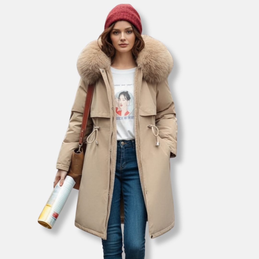 Women's insulated knee-length coat with faux fur-trimmed hood, A-line silhouette for winter warmth