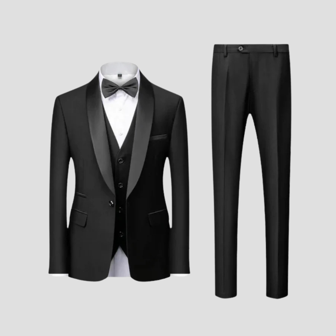 Men's navy tailored three-piece suit with satin lapels, blazer waistcoat trousers formal wedding set