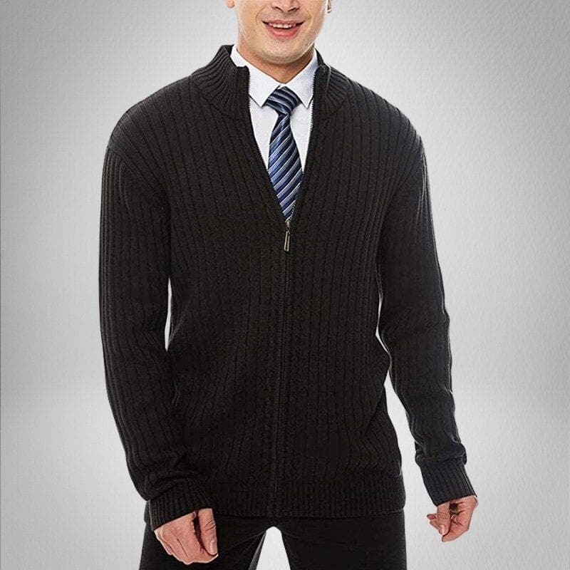 Men's ribbed texture zip-up cardigan in neutral tone, modern slim fit for stylish layering