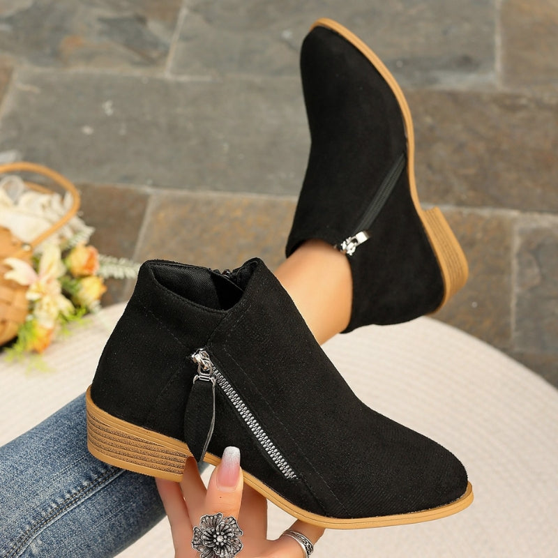 Women's brown suede ankle boots lightweight cushioned sole structured silhouette all-terrain grip