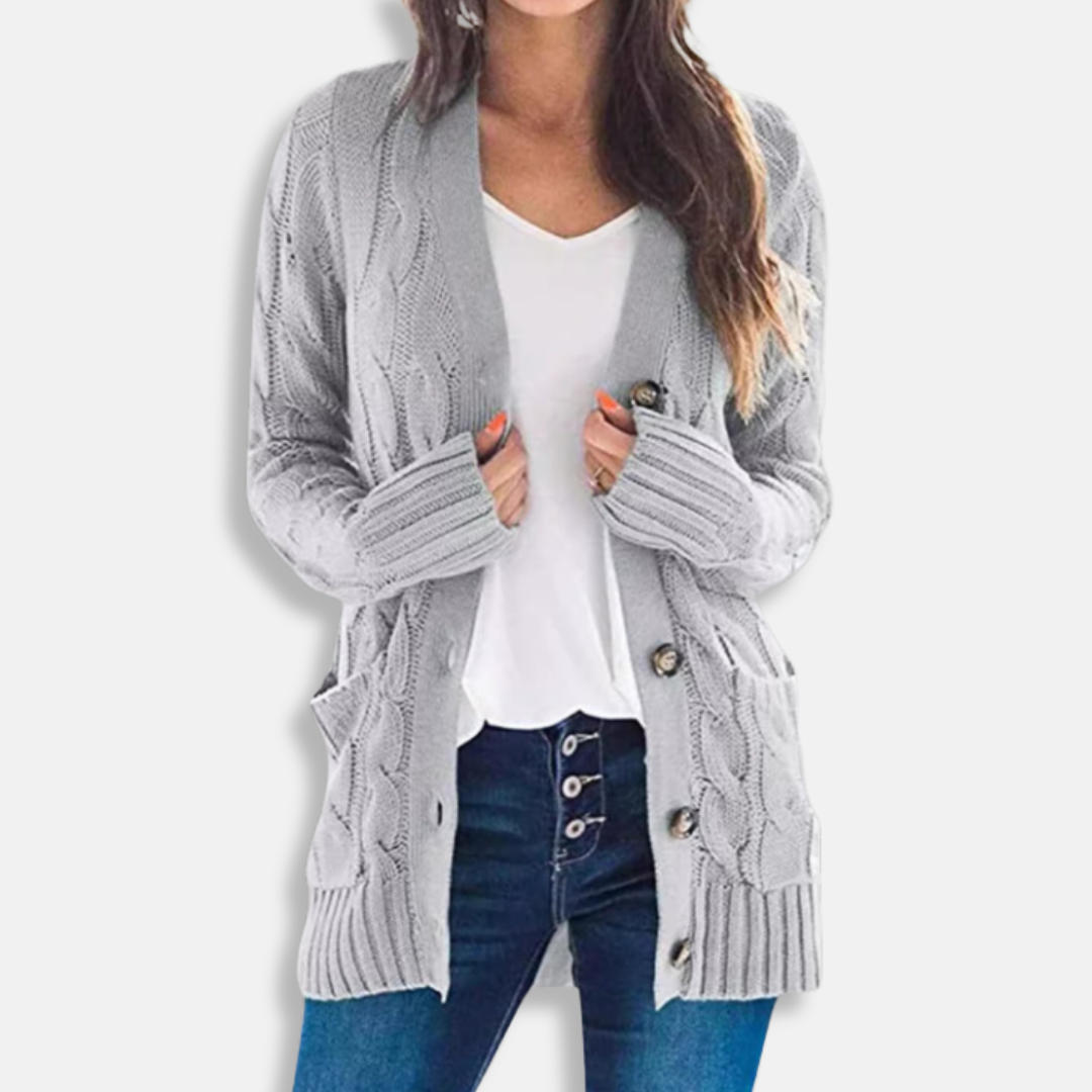 Women's chunky cable knit cardigan sweater relaxed fit button front cozy fall layering piece