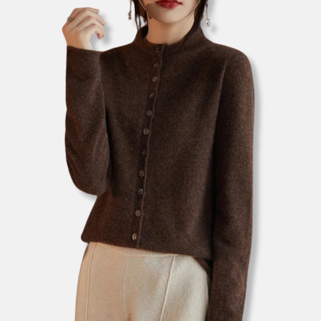 Women's wool knit cardigan sweater, relaxed tailored fit, button front with spread collar