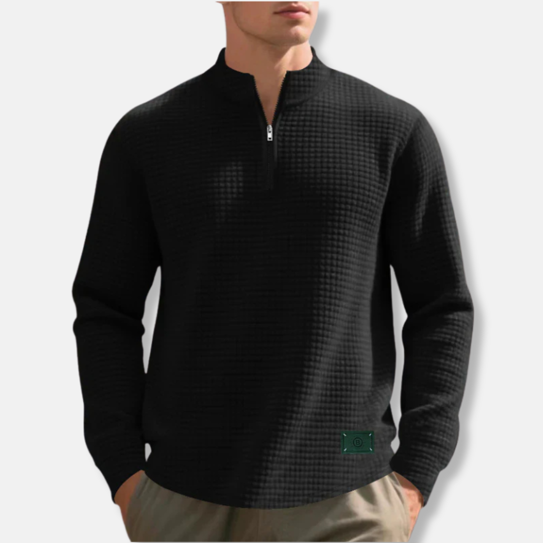 Men's gray waffle knit mock neck quarter zip sweater regular fit with textured fabric