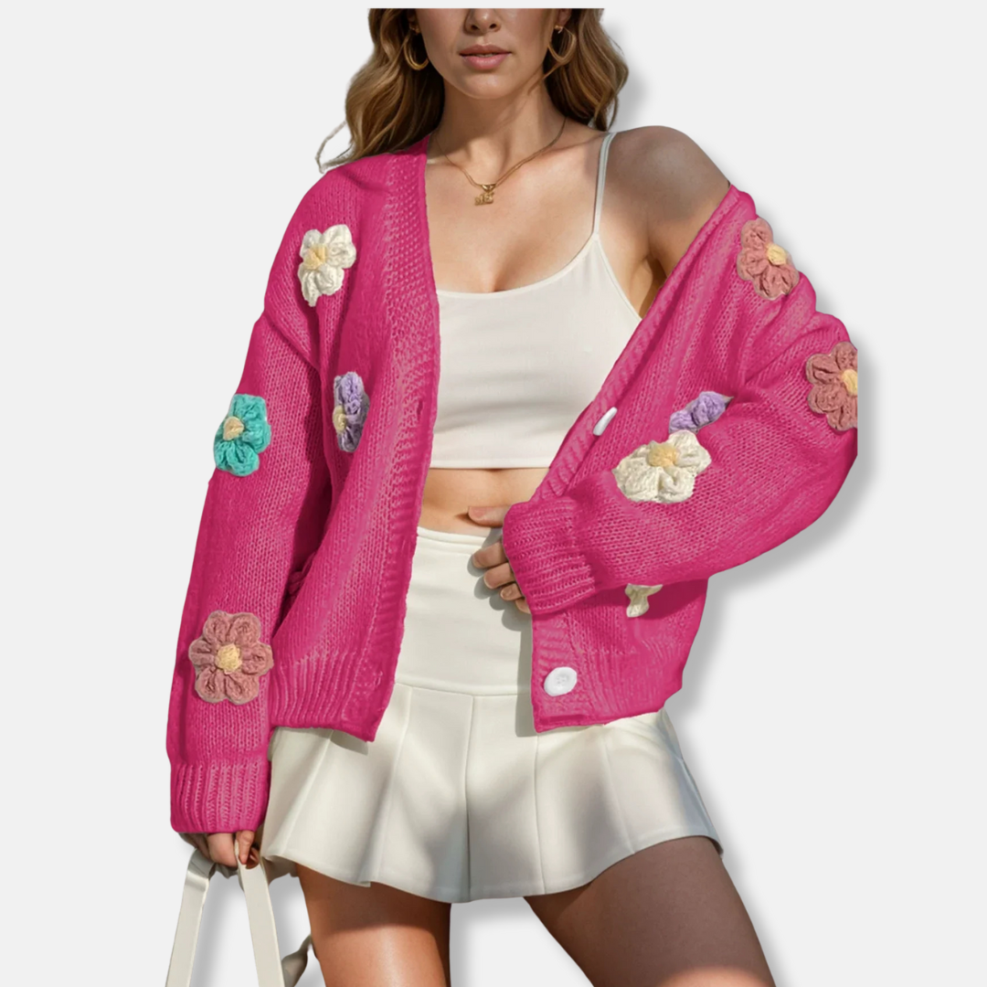 Women oversized wool blend knitted cardigan with handmade floral accents and button-front closure