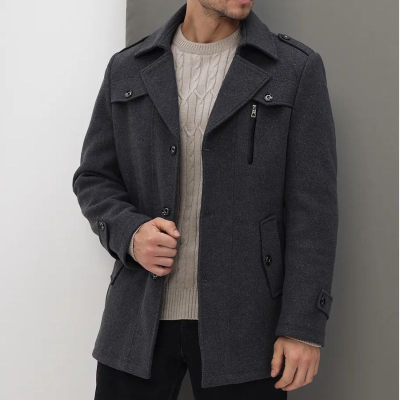 Charcoal wool blend overcoat with detachable scarf, tailored fit for stylish professionals