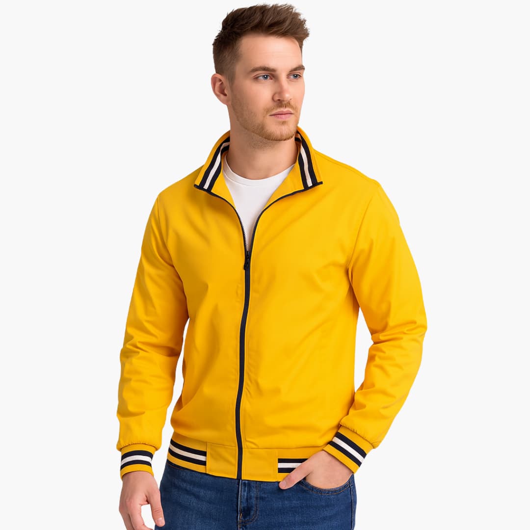 Men's bomber jacket with full-zip closure, striped ribbed hem, stand-up collar, casual everyday style