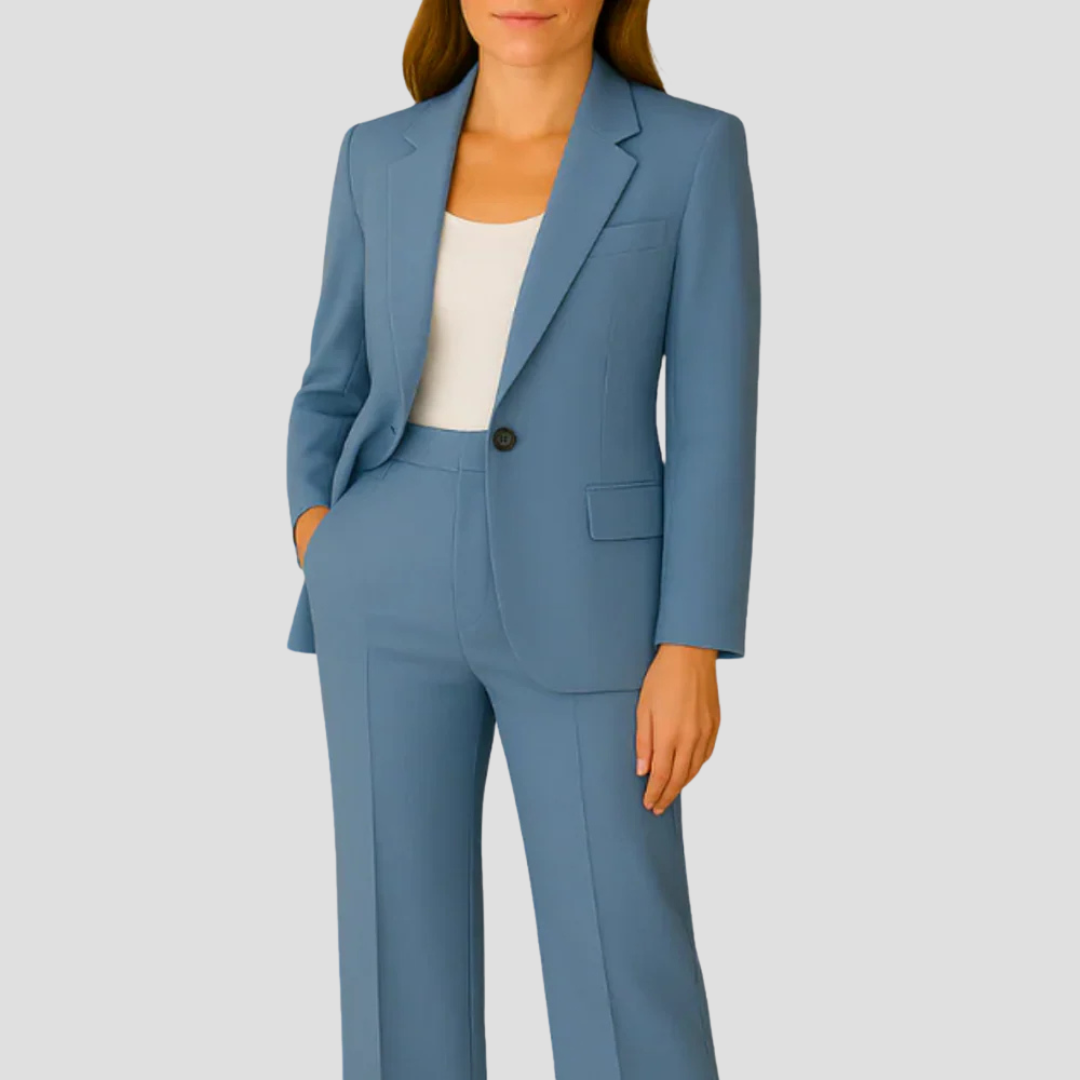 Women tailored suit set long blazer straight-leg trousers single-button professional elegant look