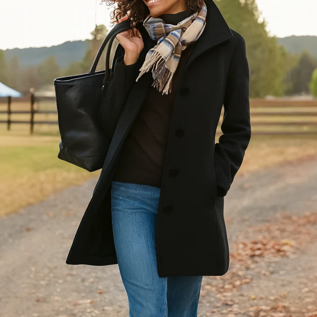 Women classic camel buttoned winter coat elongated silhouette refined tailored elegant everyday style