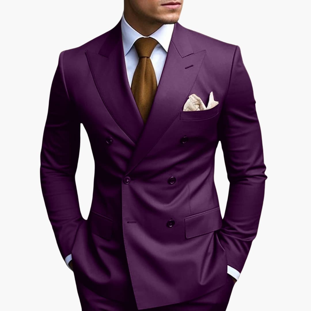 Men's navy blue double-button notched lapel suit set with straight-leg pants, modern tailored fit