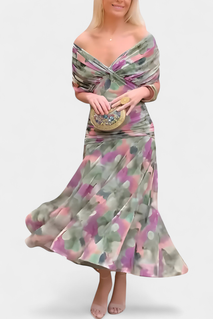 Women's off-shoulder draped midi dress with fitted bodice, flowing skirt, and gathered neckline for evenings