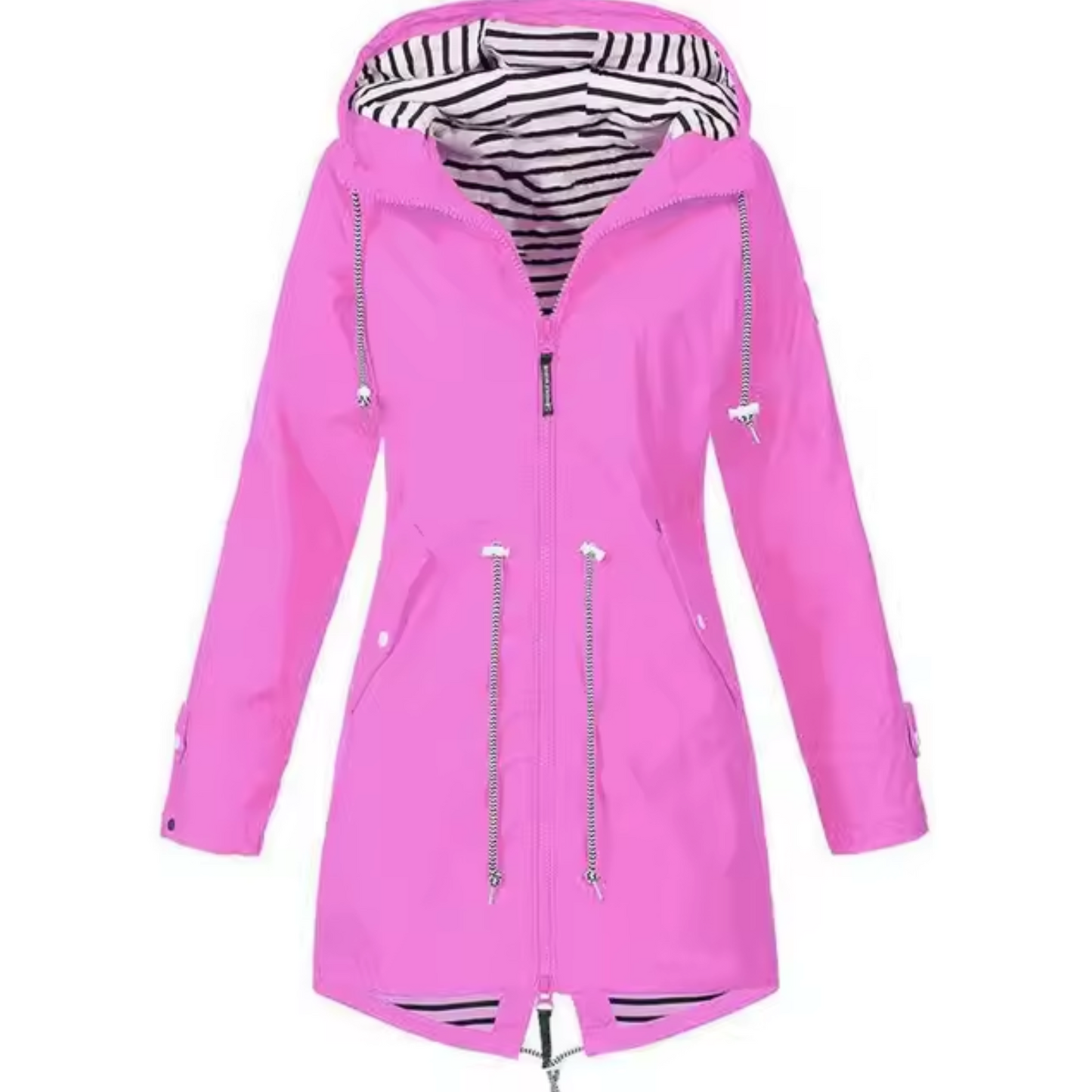 Women's elegant long waterproof raincoat with adjustable waist and lined hood for city wear