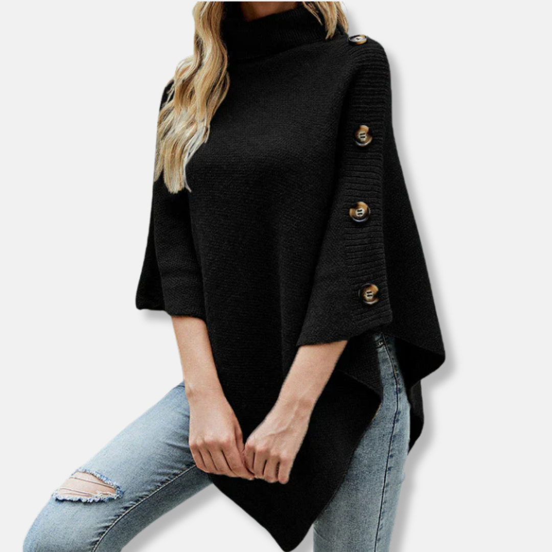 Women's oversized knitted poncho high neck asymmetrical hem cozy fall layering street style
