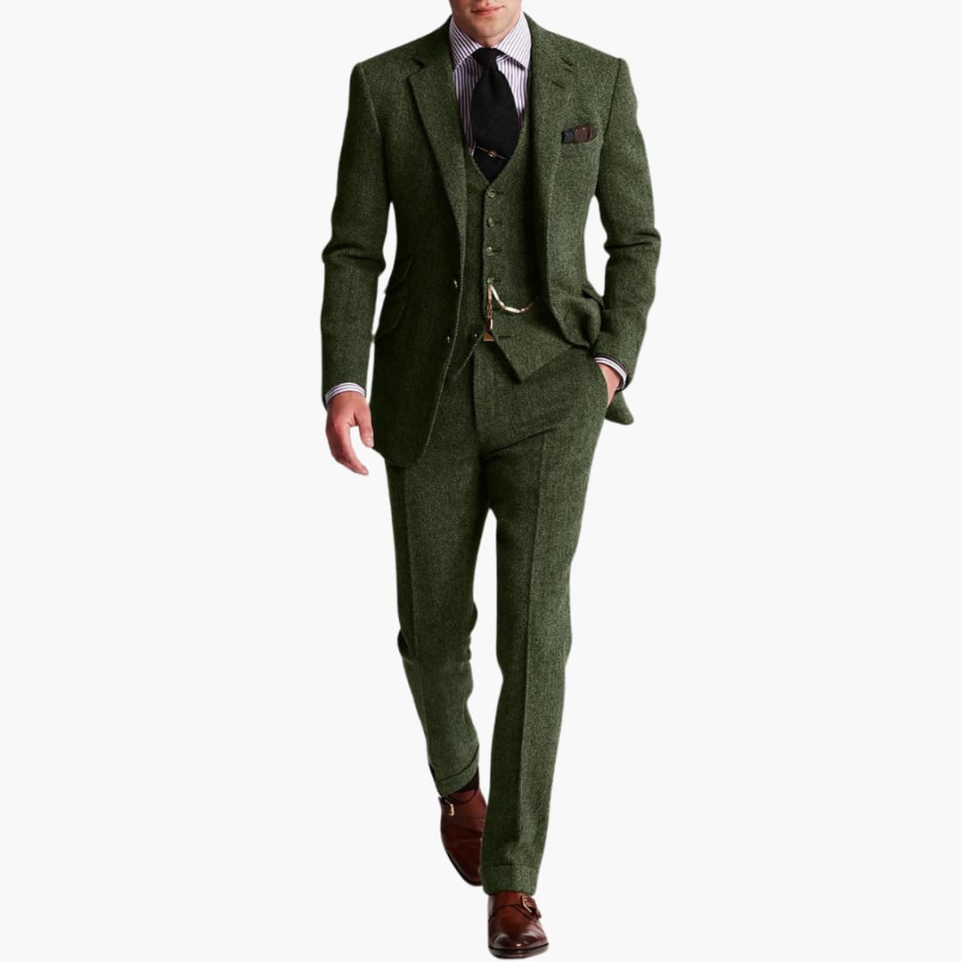 Men's slim-fit wedding guest suit with vest, elegant tailoring in a sophisticated three-piece style
