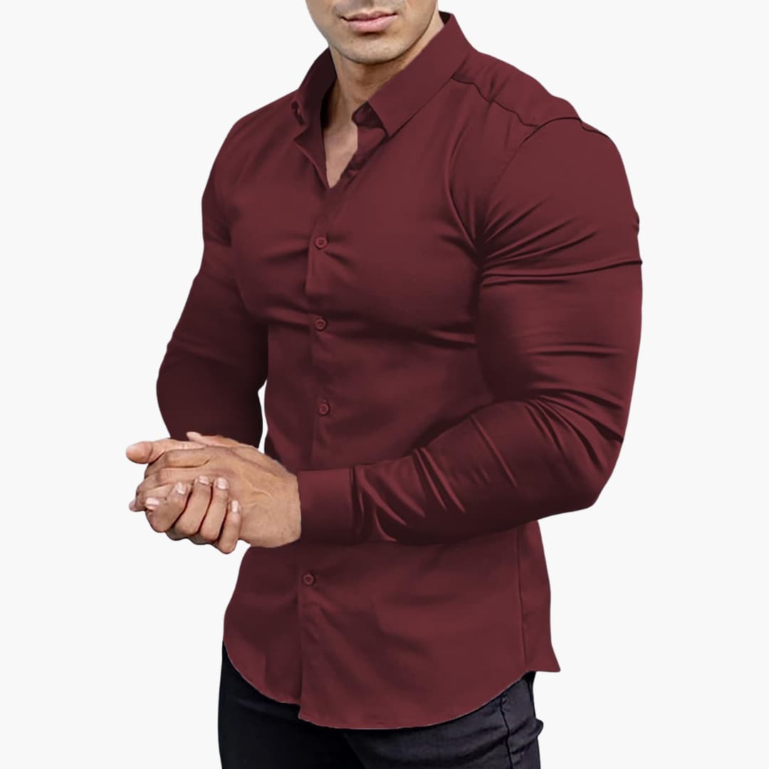 Men's slim fit dress shirt structured silhouette versatile office casual wear stretch fabric