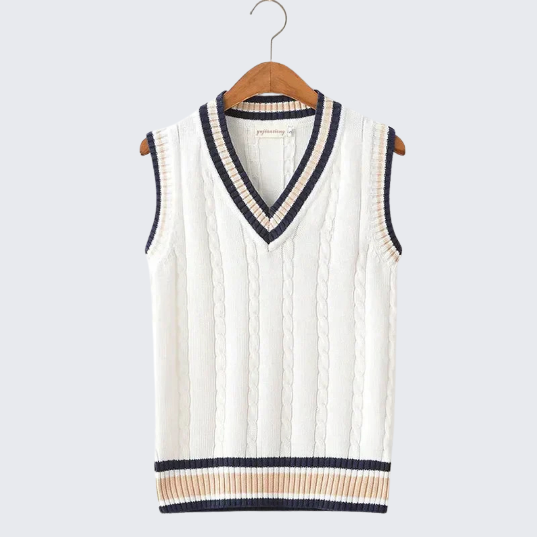 Men's thick knit sleeveless V-neck sweater vest, versatile autumn layer in neutral tones
