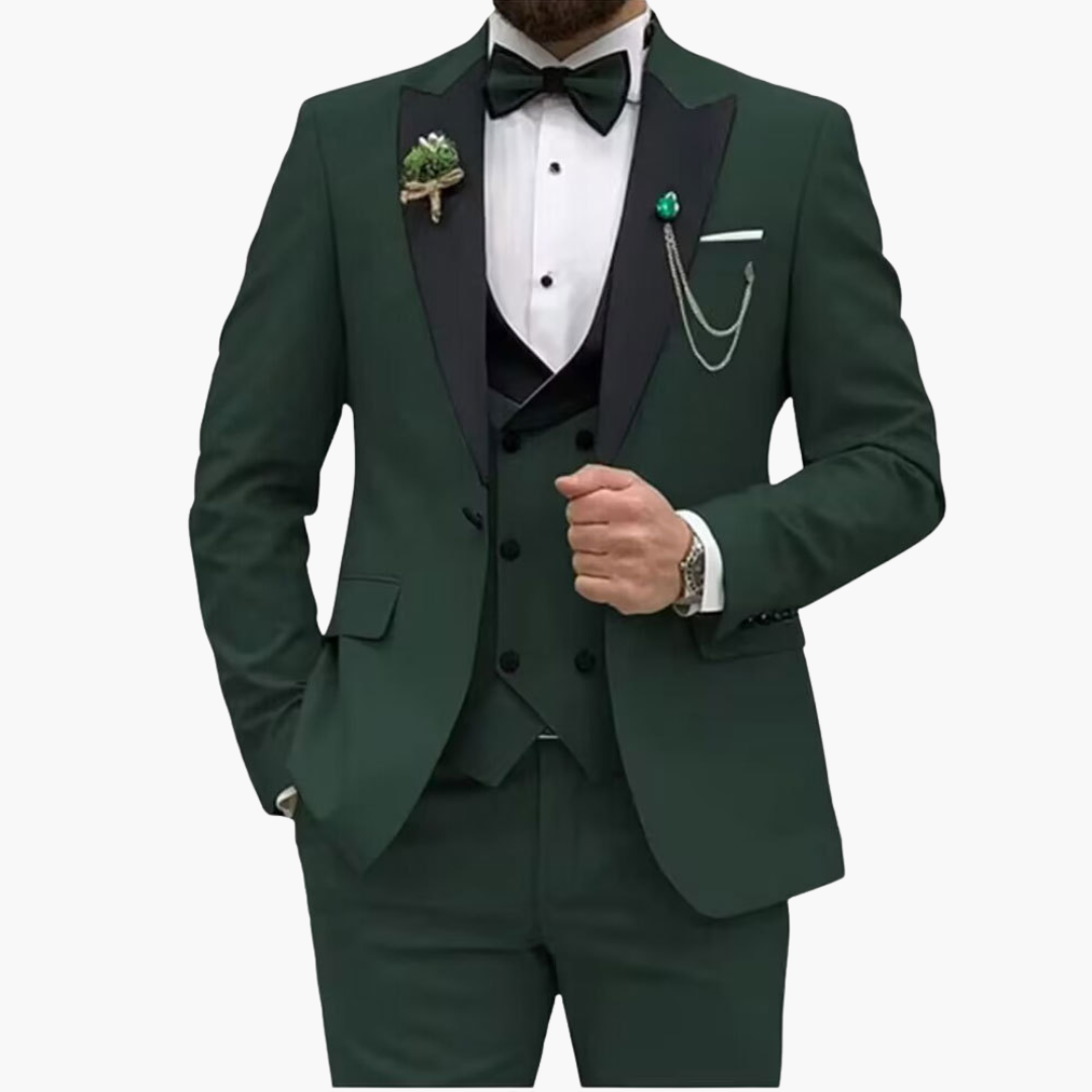Men's slim fit three-piece suit navy contrast lapels single-breasted jacket vest trousers formal wedding