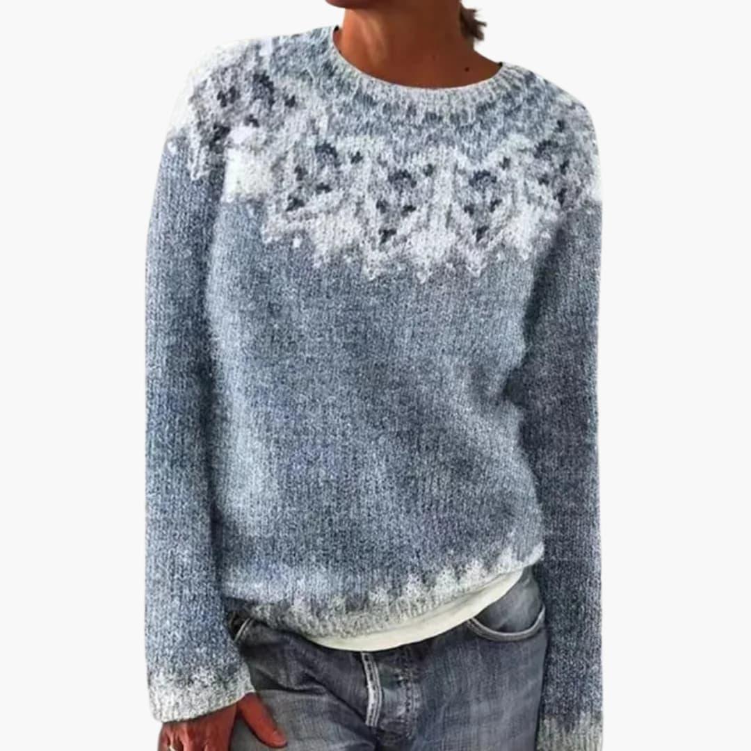 Women's multicolor geometric knit sweater, round neck, long sleeves, ribbed cozy pattern