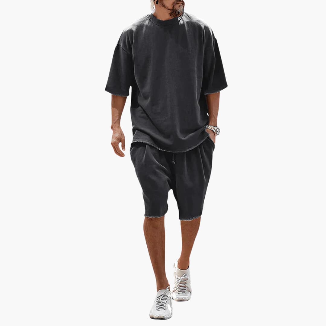 Men's navy blue oversized short-sleeve shirt and drawstring shorts two-piece summer set