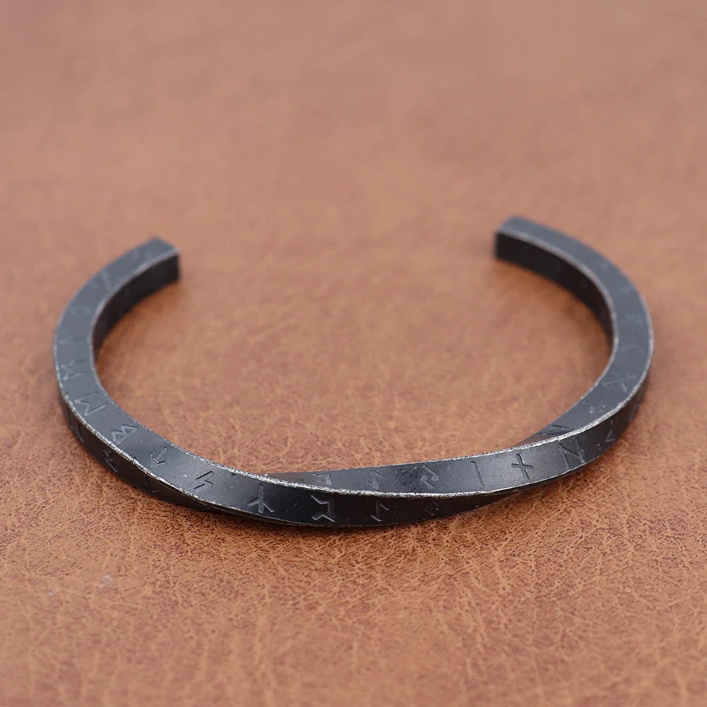 Men's Viking steel cuff bracelet silver heavy-duty Elder Futhark runic engraving antique finish