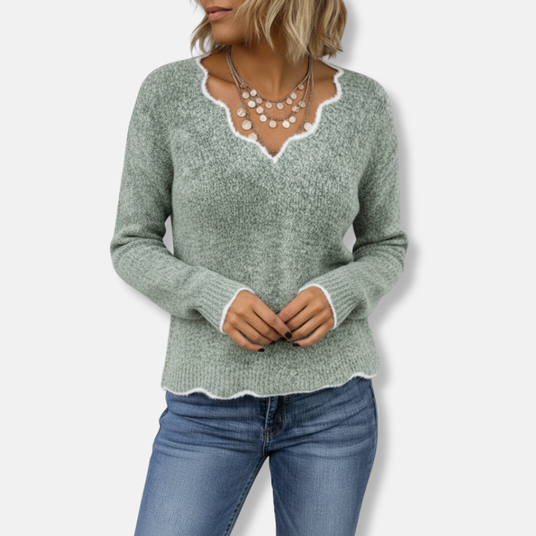 Women's relaxed-fit wool knit pullover sweater with feminine scalloped neckline in soft neutral tone