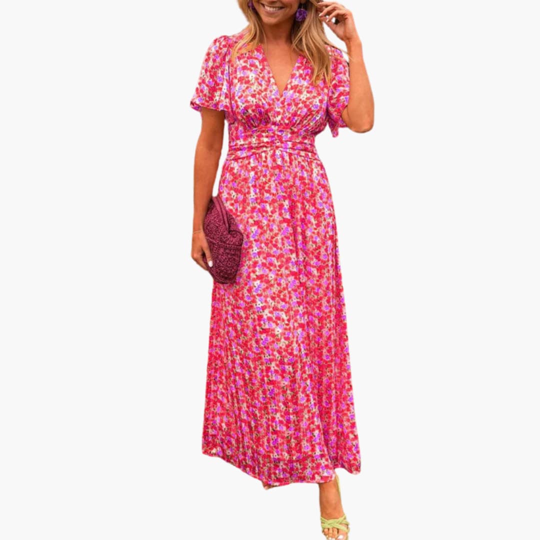 Women's floral wrap maxi dress with deep V-neck, flattering adjustable waist for garden parties