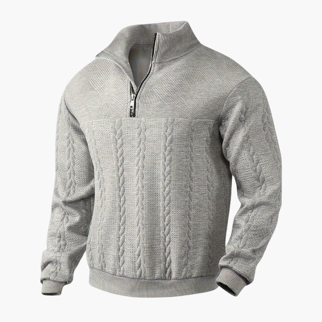Men's gray half-zip pullover relaxed fit cozy knit collar modern casual everyday style