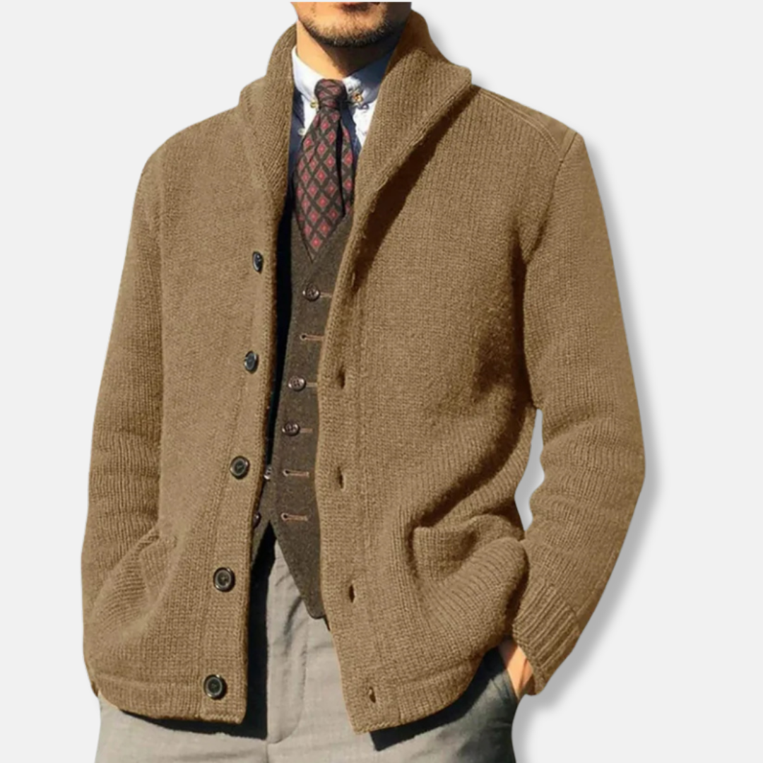 Men's wool-blend knit cardigan, shawl collar button-front, regular fit with ribbed cuffs, timeless smart-casual style