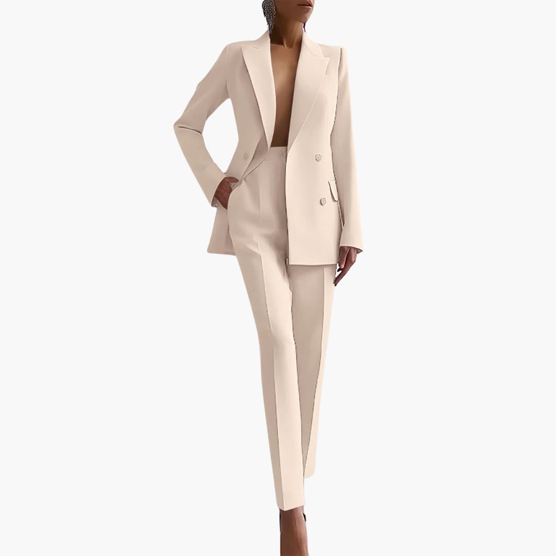 Women's finely woven office suit set, notched lapel blazer and straight trousers, polished workwear look