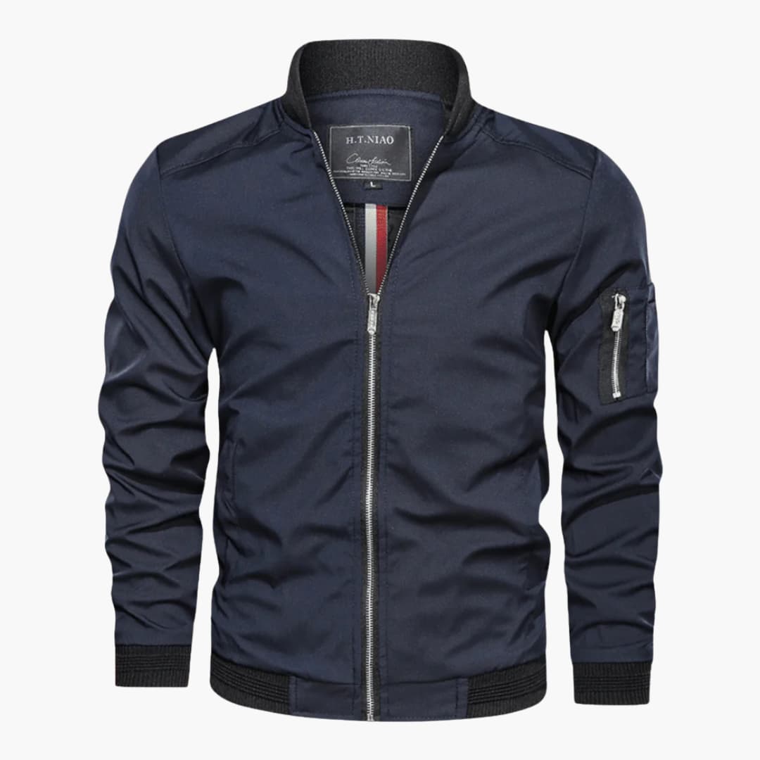 Men's black bomber jacket ribbed collar front zipper arm pocket urban casual everyday style